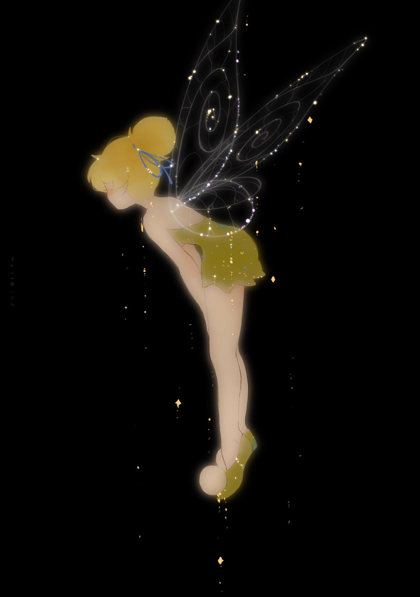 1girl, absurdres, bare_shoulders, black_background, blonde_hair, disney_fairies_(film_series), dress, facing_away