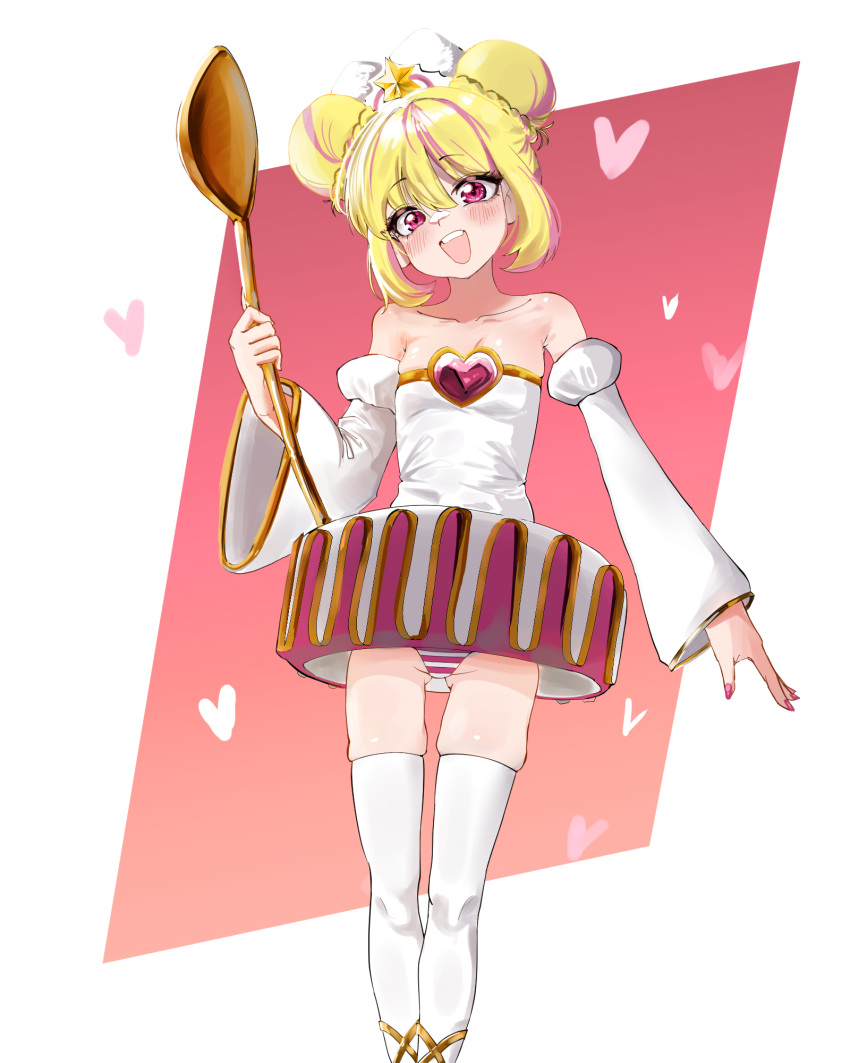 1girl, bare_shoulders, blonde_hair, blush, collarbone, cookie_run, cookie_run:_witch's_castle, double_bun