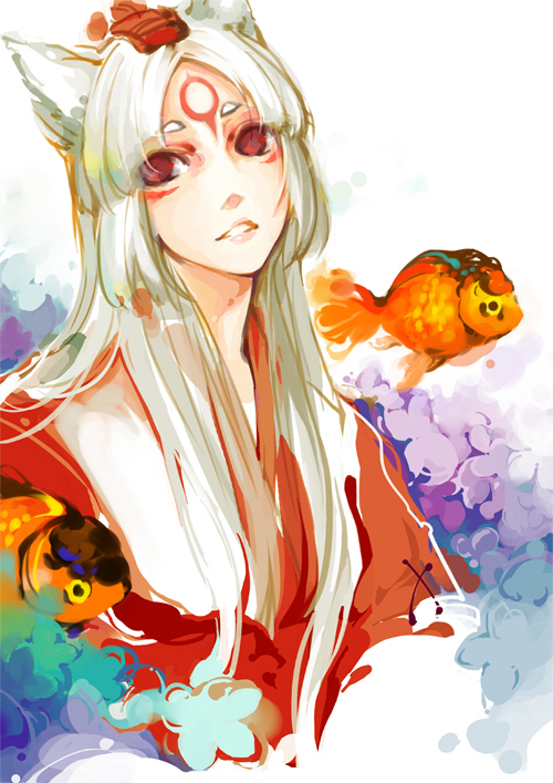animal_ears, fish, goldfish, long_hair, okami, ookami_(game), personification, red_eyes