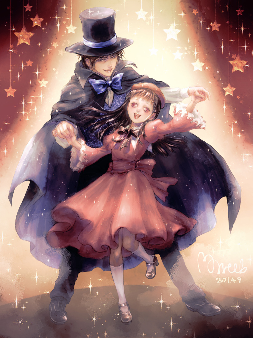 1boy, 1girl, @_@, behind_another, beret, black_cape, black_hair, black_hat