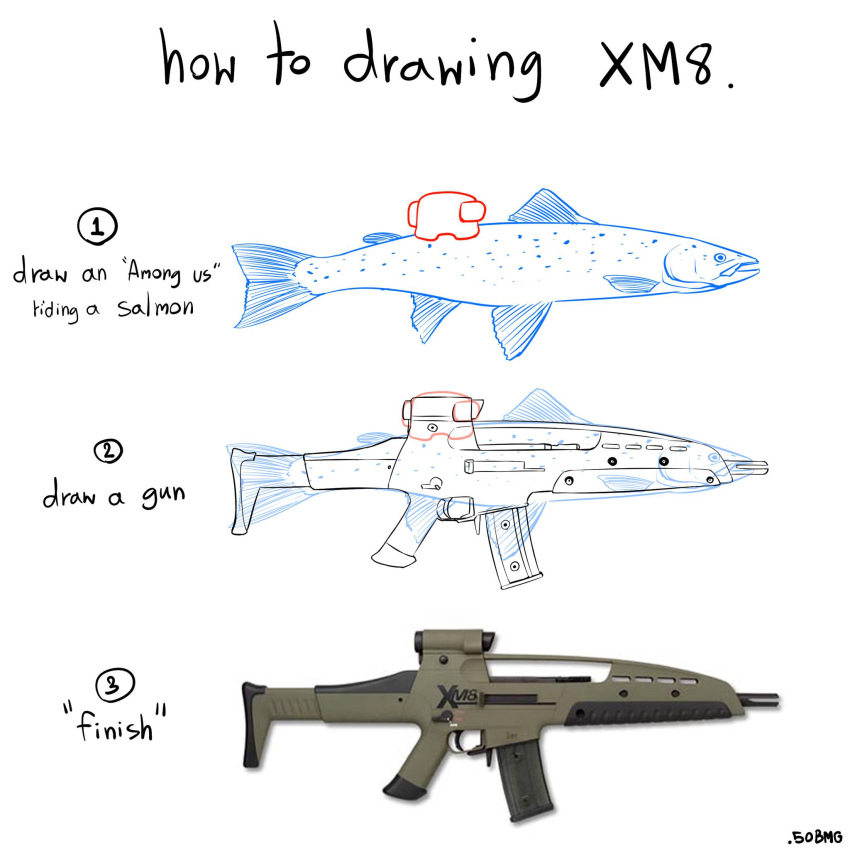 50bmg, among_us, among_us_eyes_(meme), artist_name, assault_rifle, commentary_request, crewmate_(among_us), english_text, engrish_text, fish, gun, h&amp;k_xm8, highres, how_to, how_to_draw_an_owl_(meme), meme, no_humans, original, photo_inset, ranguage, rifle, salmon_(fish), simple_background, sketch, thai_commentary, weapon, white_background