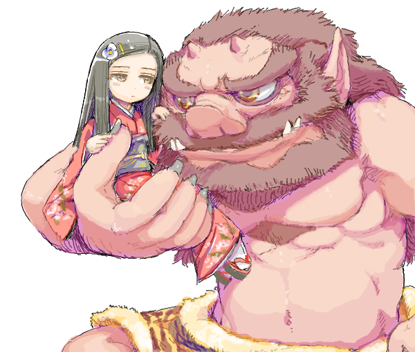 1boy, 1girl, beard, black_hair, blush, body_hair, brown_hair, carrying