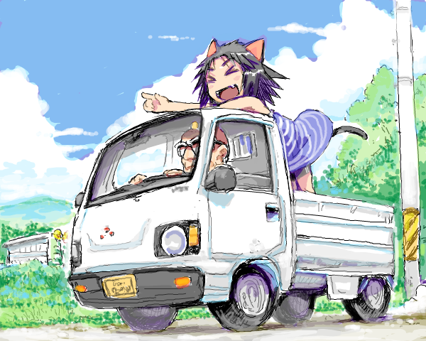 >_<, 1boy, 1girl, animal_ears, bald, black_hair, blue_dress, blue_sky