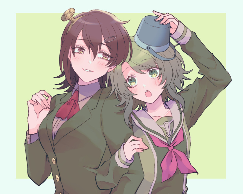 2girls, :o, arm_up, blazer, bow, bowtie, brown_eyes, brown_hair