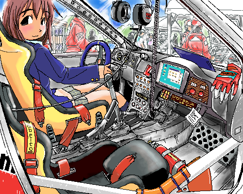 1girl, blazer, blue_jacket, blue_sky, blush, brown_hair, car, car_interior, closed_mouth, day, from_side, gloves, green_skirt, headphones, holding, holding_steering_wheel, jacket, looking_at_viewer, looking_to_the_side, lowres, motor_vehicle, oekaki, original, people, pit_stop, plaid_clothes, plaid_skirt, pleated_skirt, race_vehicle, racecar, racetrack, rally_car, retsumaru, school_uniform, short_hair, skirt, sky, smile, solo_focus, steering_wheel, sweater, unworn_gloves, unworn_headphones