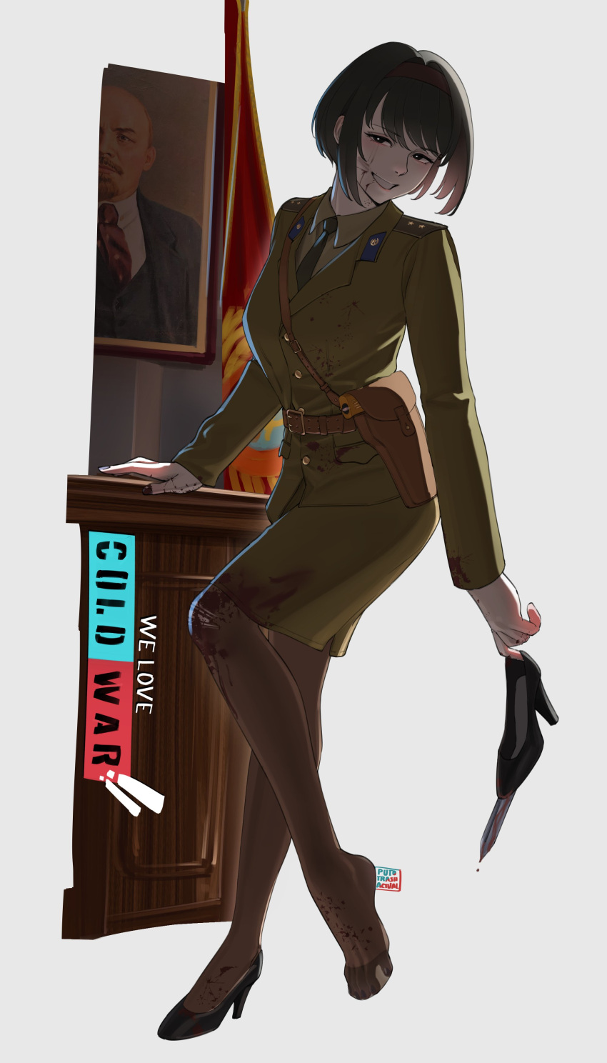 1girl, absurdres, belt, black_hair, blood, blood_on_clothes, blood_on_face, bright_pupils, desk, flag, green_jacket, green_necktie, green_shirt, green_skirt, gun, hairband, handgun, highres, jacket, kgb, military_uniform, necktie, original, pantyhose, puto_trash, red_hairband, shirt, skirt, smile, solo, soviet, vladimir_lenin, weapon, white_background, white_pupils