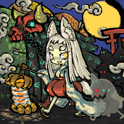 1girl, animal_ears, commentary_request, eyes_in_shadow, fang, fox_ears, fox_girl, full_moon, ghost, hakama, holding, holding_lantern, japanese_clothes, kimono, kitsune, lantern, lion_dance, long_hair, looking_at_another, lowres, moon, night, oekaki, open_mouth, original, outdoors, paper_lantern, red_hakama, sandals, shishimai, short_bangs, sirius_(kerberos), sleeves_past_fingers, sleeves_past_wrists, slit_pupils, smile, solo, thick_eyebrows, torii, very_long_sleeves, walking, white_hair, white_kimono, xiangyun, yellow_eyes