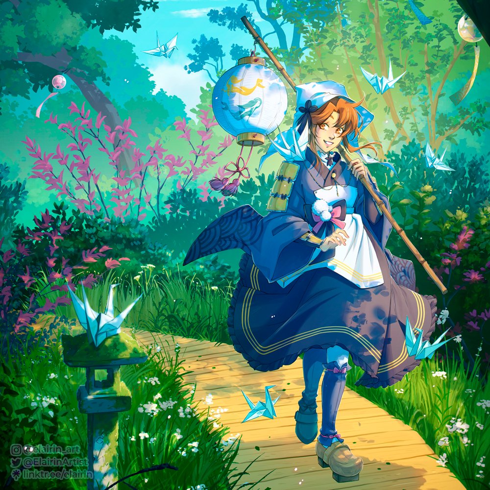 1girl, animate_object, apron, bamboo_staff, black_bow, blue_dress, blue_leg_warmers, blue_sky