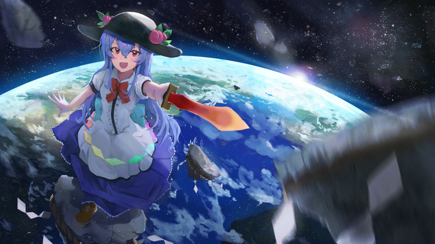 1girl, absurdres, black_hat, blue_hair, bow, bowtie, cross-laced_footwear, earth_(planet)