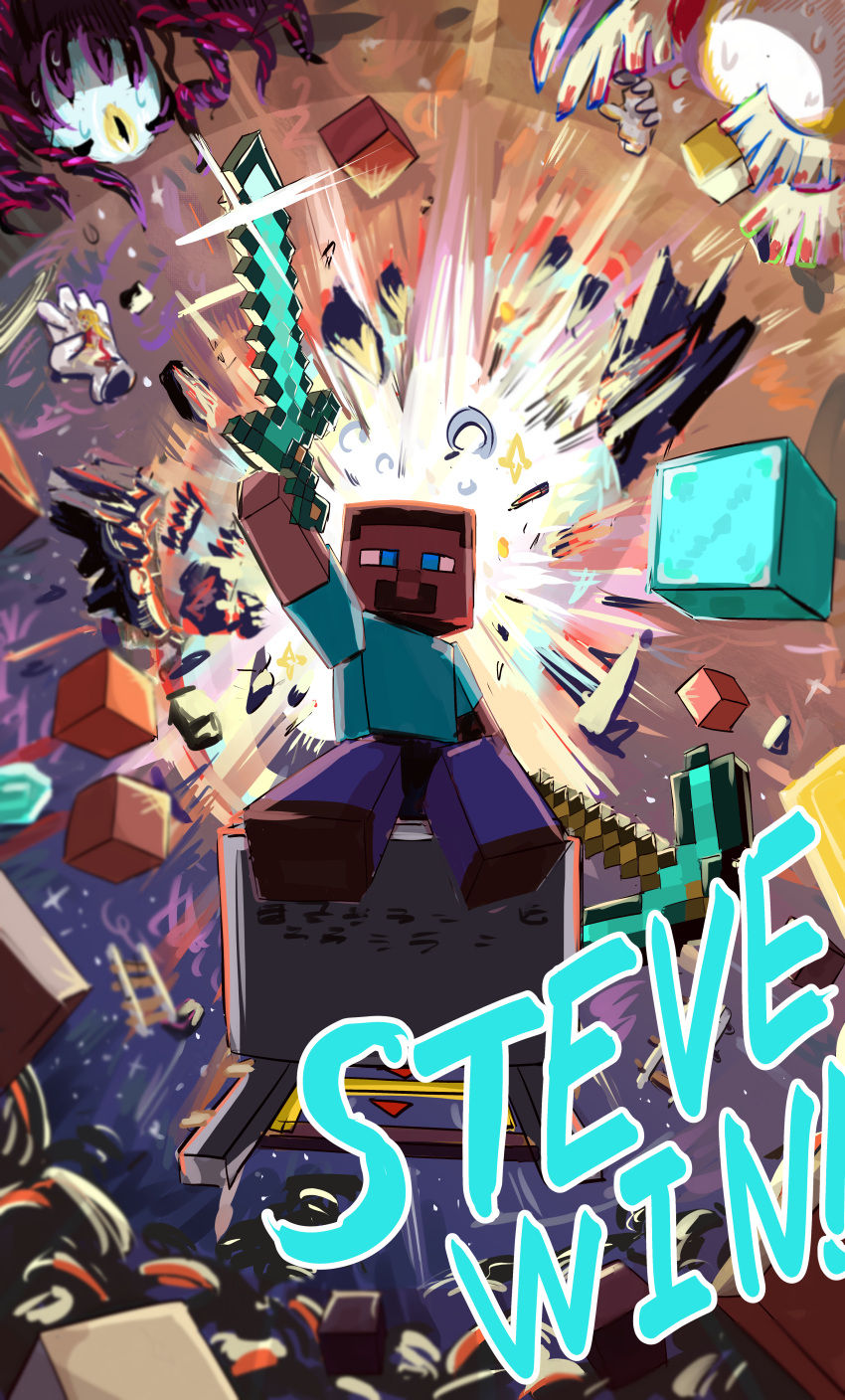1boy, 1girl, absurdres, arm_up, backlighting, block_(minecraft), blue_eyes, character_name