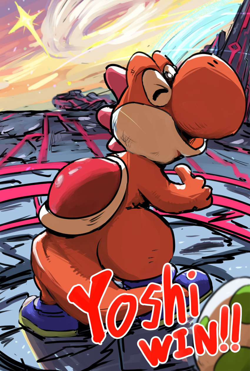 1other, ;d, absurdres, blue_footwear, character_name, commentary_request, dinosaur, dinosaur_tail