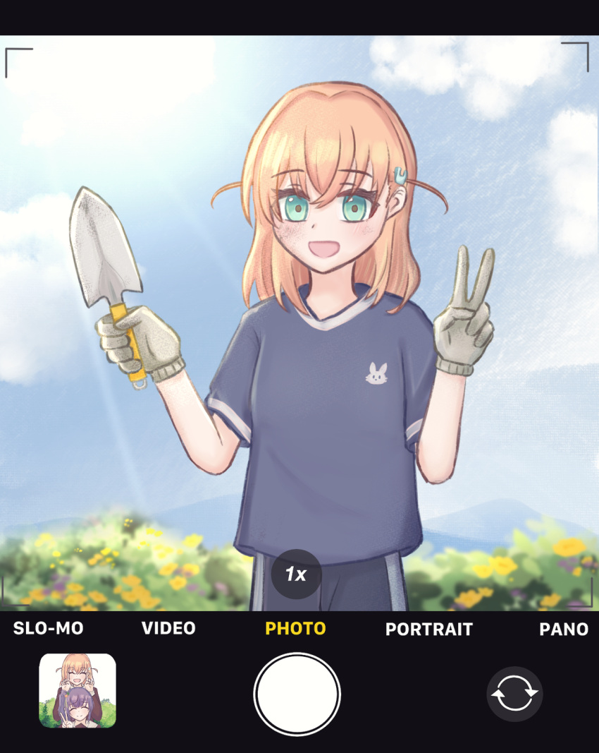 1girl, :d, ^_^, aqua_eyes, blue_shirt, blue_sky, blush, closed_eyes