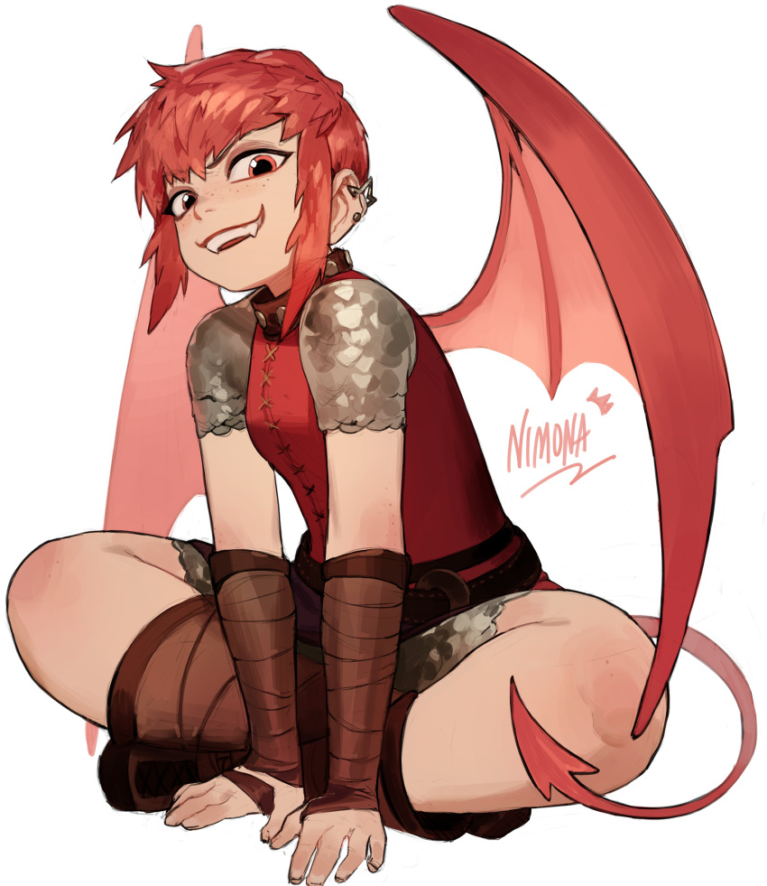 1girl, absurdres, dragon_girl, dragon_tail, dragon_wings, fangs, highres, nimona