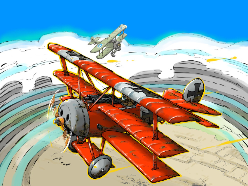 2boys, above_clouds, aircraft, airplane, animal_ears, battle, biplane, blue_sky