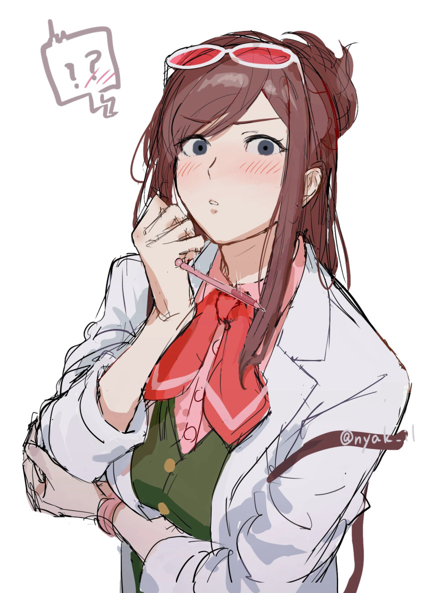 !?, 1girl, ace_attorney, apollo_justice:_ace_attorney, arm_under_breasts, bag, blue_eyes, brown_hair