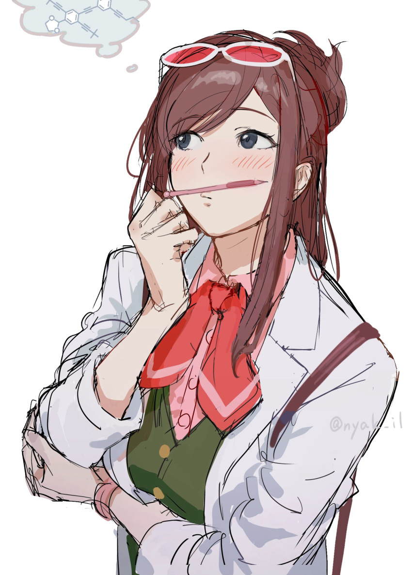 1girl, ace_attorney, apollo_justice:_ace_attorney, arm_under_breasts, bag, balancing_on_lips, blue_eyes, brown_hair