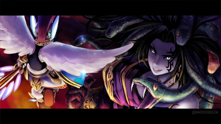 1boy, 1girl, angel, angel_wings, black_hair, facial_tattoo, fangs, grey_lips