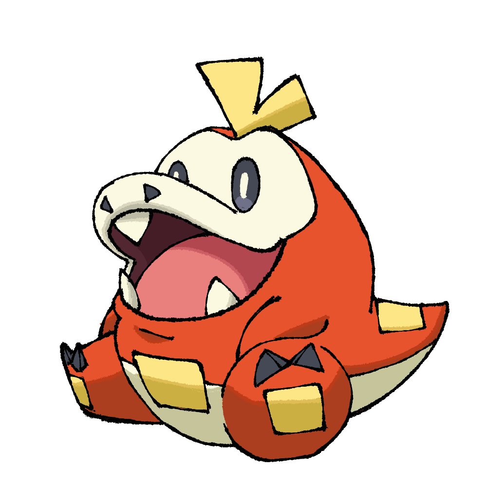 :d, black_eyes, commentary, english_commentary, fuecoco, no_humans, nostrils, open_mouth, pokemon, pokemon_(creature), pr_quote, simple_background, sitting, smile, solo, tail, white_background