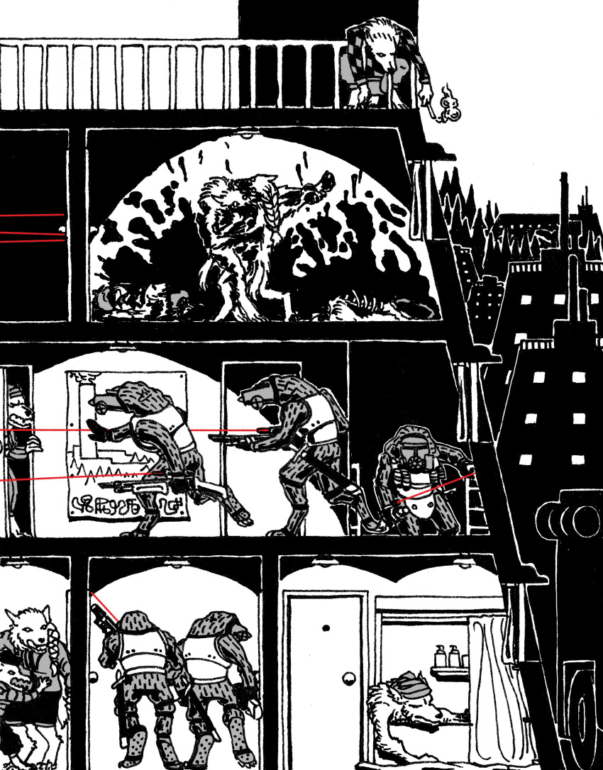 6+boys, absurdres, animal_ears, balcony, blood, blood_on_hands, blood_splatter, body_armor