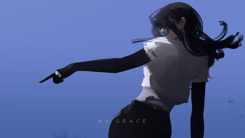1girl, absurdres, artist_name, black_gloves, black_hair, black_pants, blue_sky, chainsaw_man