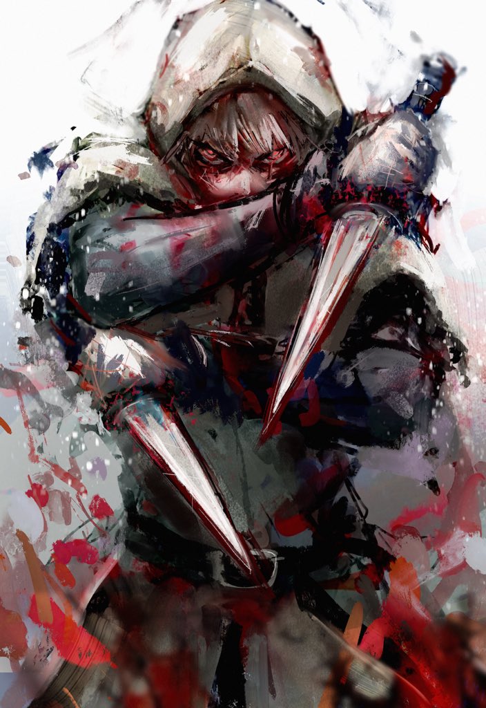 1boy, belt, black_belt, blood, blood_on_clothes, blood_on_weapon, brown_cloak, brown_hair