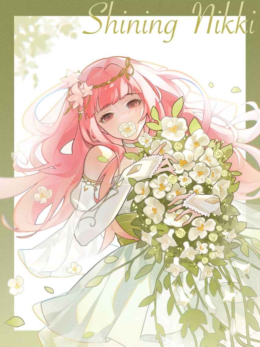 1girl, bare_shoulders, blunt_bangs, border, bouquet, bridal_gauntlets, brown_eyes, chinese_commentary