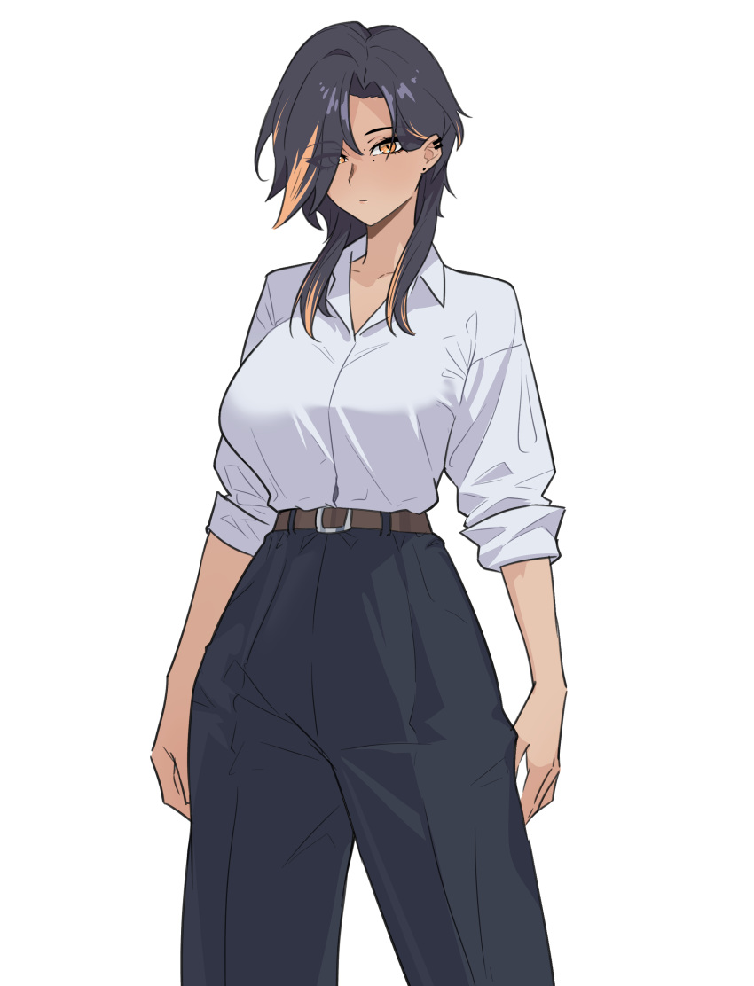 1girl, absurdres, belt, belt_buckle, black_hair, black_pants, blonde_hair, breasts