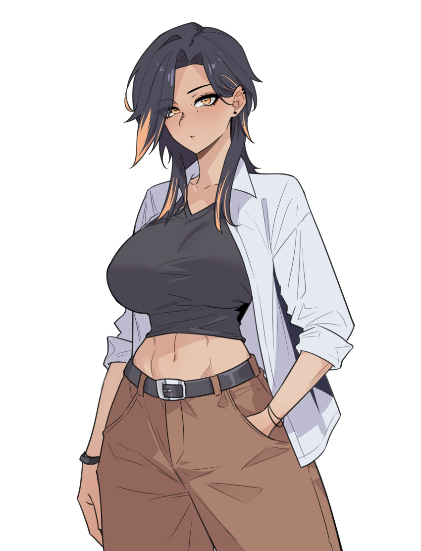 1girl, absurdres, belt, belt_buckle, black_belt, black_hair, black_shirt, blonde_hair