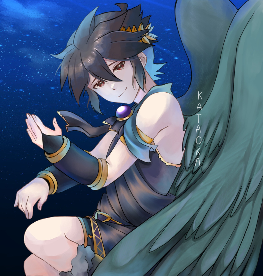 1boy, ahoge, angel, angel_wings, artist_name, black_hair, blue_background, clip_studio_paint_(medium), dark_pit, highres, k3taota, kid_icarus, kid_icarus_uprising, looking_at_viewer, male_focus, red_eyes, solo, wings