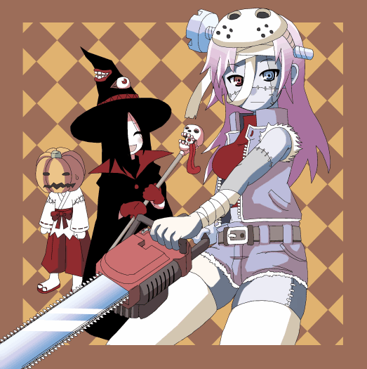 3girls, :d, :|, ^_^, argyle_background, artist_request, bandaged_arm, bandaged_head, bandages, belt, belt_buckle, black_hair, black_hat, blue_eyes, blue_shorts, blue_vest, bow, breasts, buckle, chainsaw, check_artist, closed_eyes, closed_mouth, crop_top, cutoffs, futaba_channel, gloves, grey_belt, hair_over_one_eye, hakama, hakama_pants, halloween, harai, hat, heterochromia, hockey_mask, holding, holding_chainsaw, holding_staff, jack-o'-lantern, japanese_clothes, kaitai_(nijiura_maids), kimono, living_clothes, long_hair, looking_at_viewer, mask, mask_on_head, medium_breasts, miko, mukai_keiichirou, multiple_girls, nijiura_maids, object_through_head, open_clothes, open_mouth, open_vest, ozoi, pants, patchwork_skin, pumpkin, pumpkin_on_head, purple_hair, red_bow, red_eyes, red_gloves, red_hakama, red_sash, red_shirt, ribbon-trimmed_sleeves, ribbon_trim, sandals, sash, sash_bow, screw_in_head, shirt, shorts, skull, smile, staff, standing, stitched_arm, stitched_face, stitched_leg, stitches, tabi, thigh-highs, third-party_source, unzipped, vest, white_kimono, white_thighhighs, witch_hat, zipper, zombie, zouri