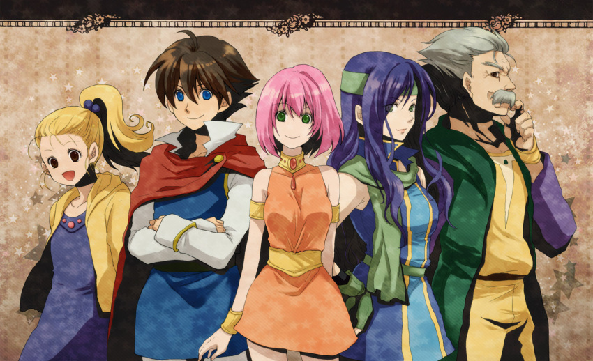 2boys, 3girls, armband, blonde_hair, blue_eyes, brown_eyes, brown_hair, butz_klauser