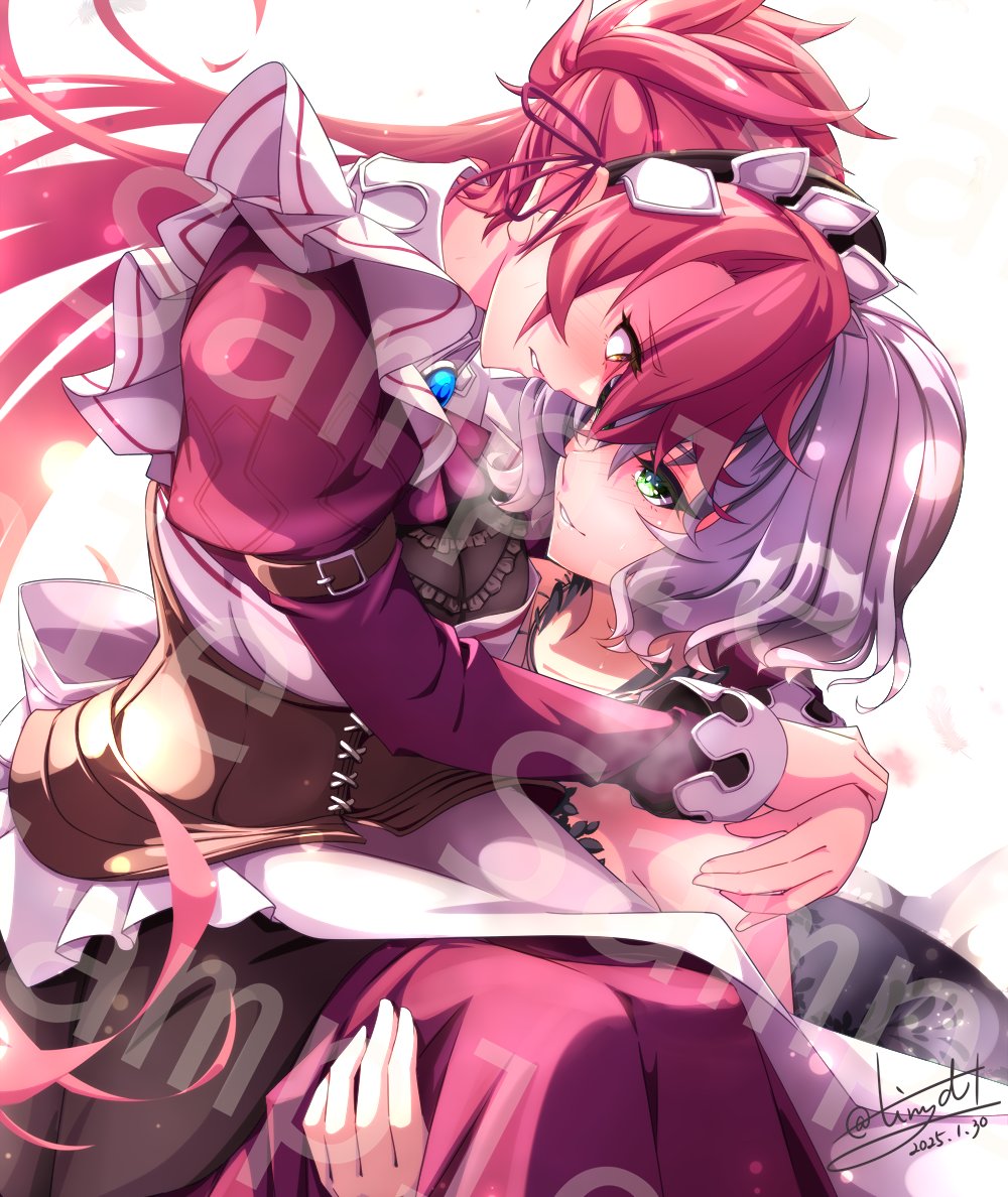 2girls, apron, blush, dated, eiyuu_densetsu, floating_hair, green_eyes, hair_between_eyes, long_hair, maid_apron, maid_headdress, multiple_girls, pink_hair, ponytail, purple_hair, red_eyes, sara_valestein, sen_no_kiseki_(series), sen_no_kiseki_i, sharon_kreuger, short_hair, signature, simple_background, smile, tinybiard, twitter_username, watermark, white_background