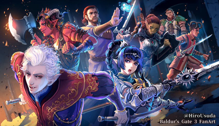 3girls, 4boys, armor, astarion, axe, baldur's_gate, baldur's_gate_3, battle_axe