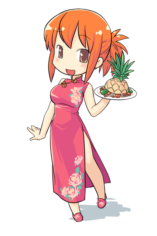 1girl, :d, artist_request, breasts, brown_eyes, check_artist, china_dress, chinese_clothes