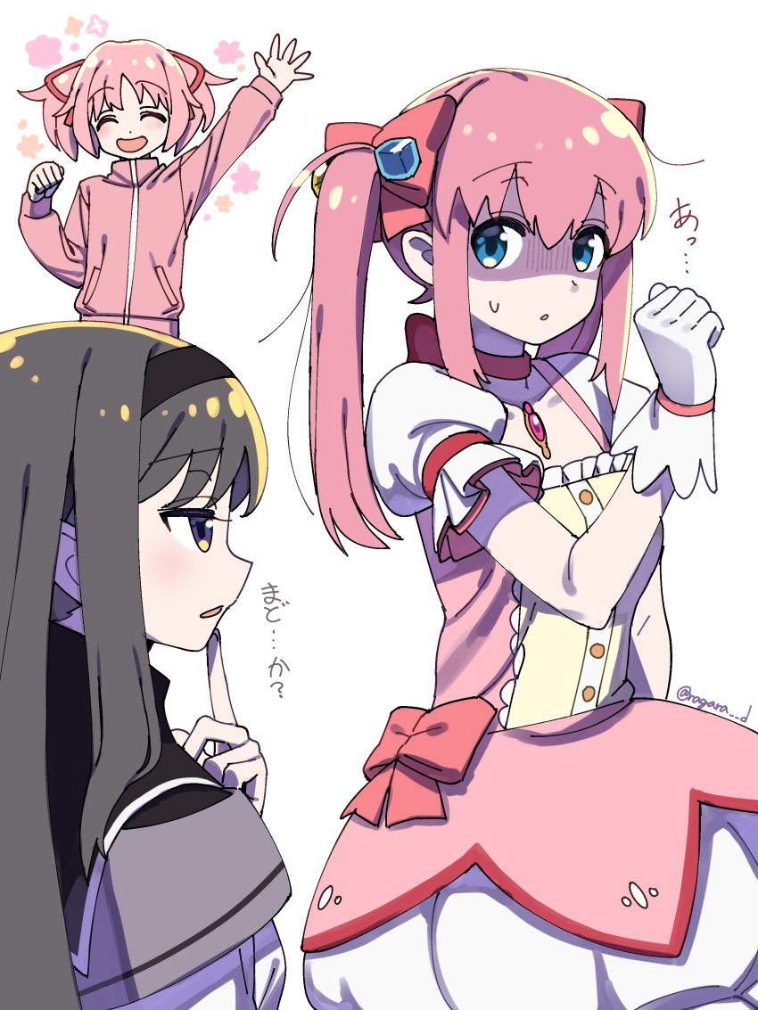 3girls, absurdres, akemi_homura, akemi_homura_(magical_girl), alternate_costume, alternate_hairstyle, black_hair, black_headband