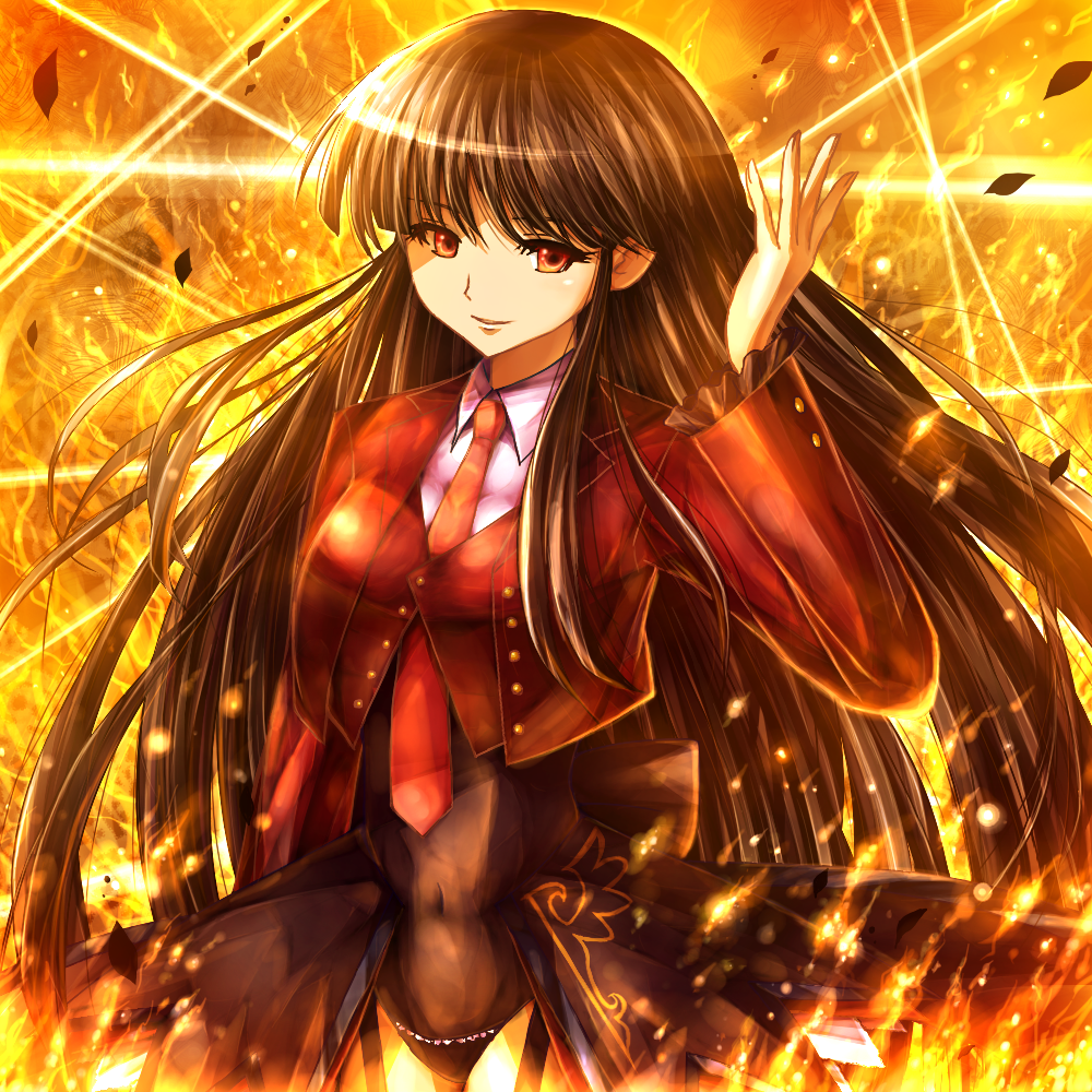 breasts, fire, long_hair, lucifer, nin_(female), red_eyes, smile, solo