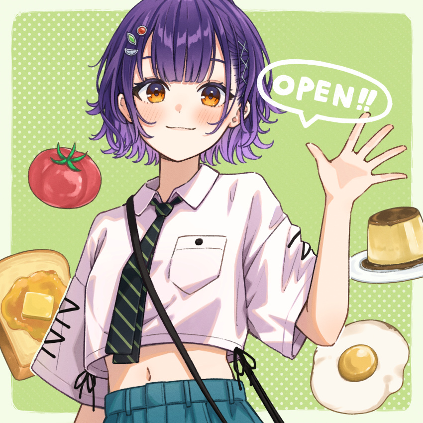 1girl, absurdres, blue_skirt, blush, border, bread, bread_slice, breasts