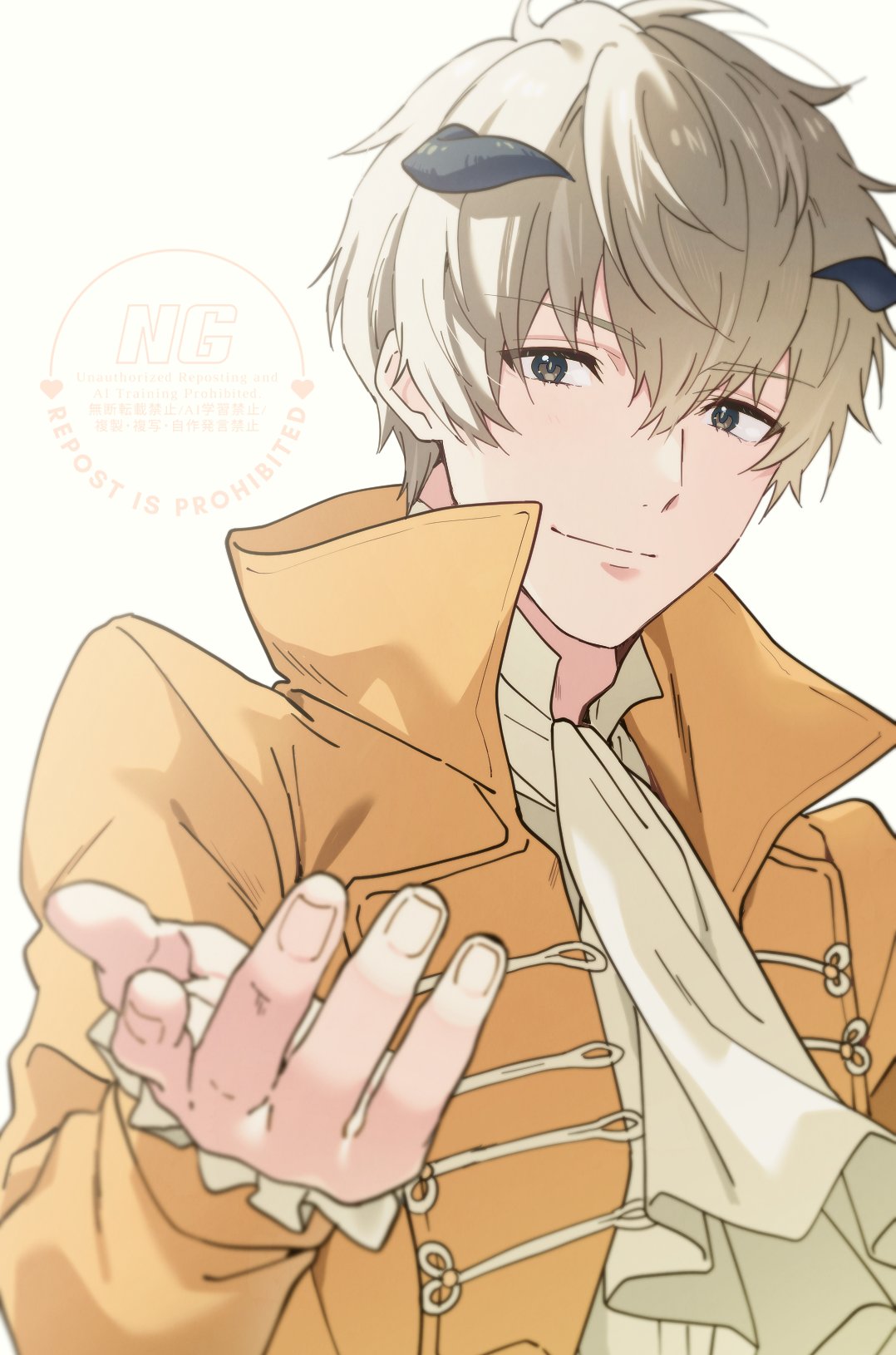 1boy, black_eyes, black_horns, bochi_(5hxm), closed_mouth, coat, collared_shirt, commentary