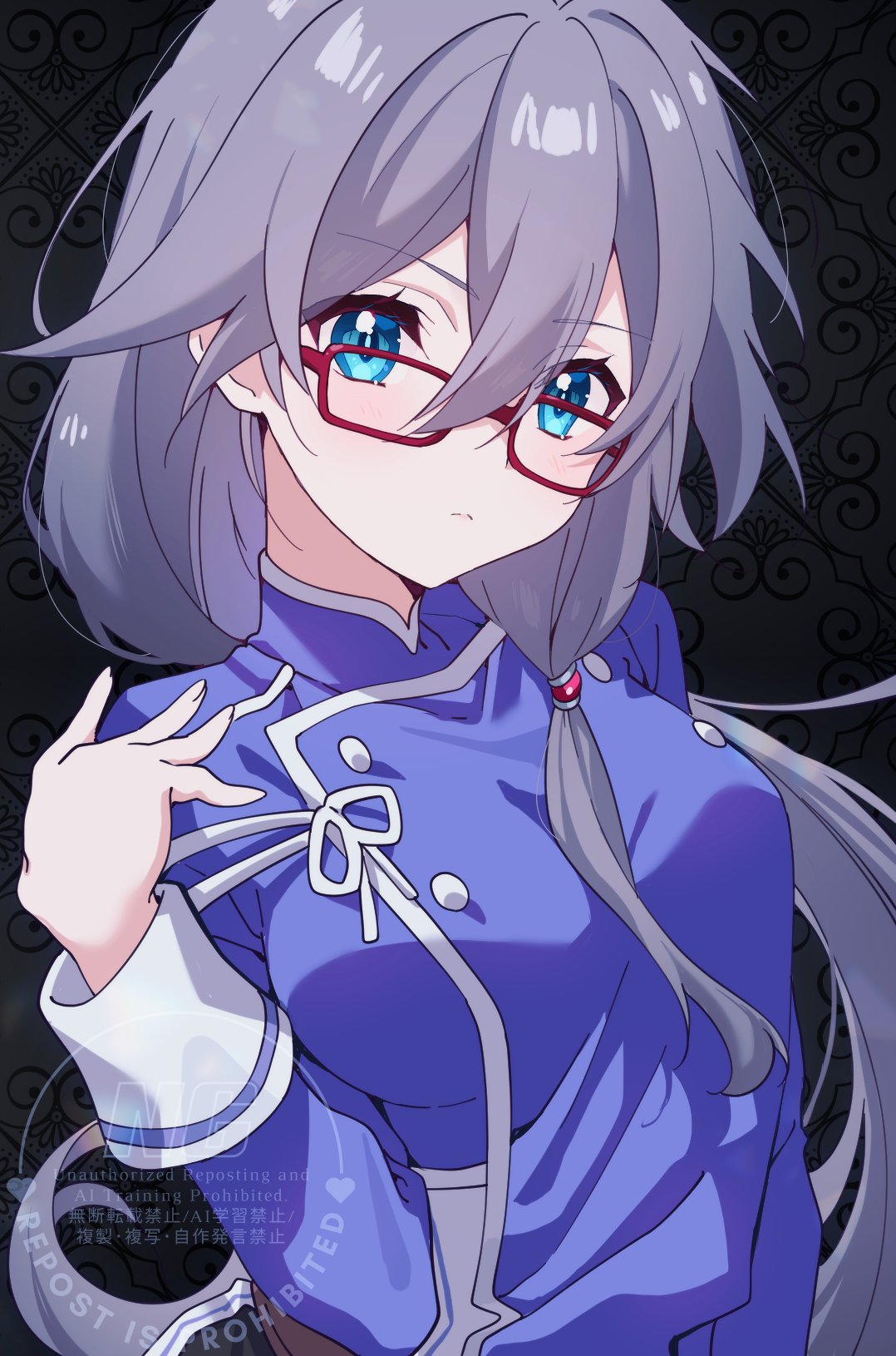 1girl, black_background, blue_eyes, blush, bochi_(5hxm), breasts, chinese_clothes, closed_mouth