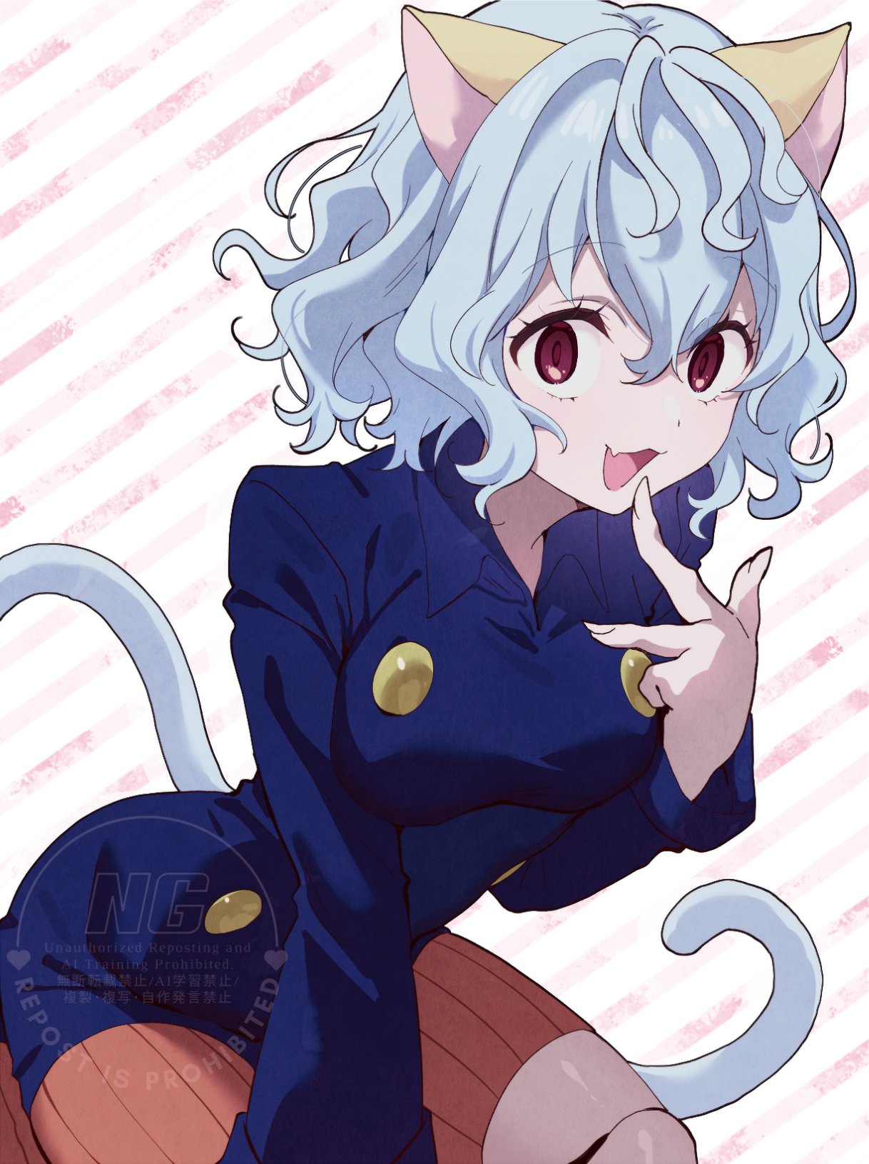 1other, animal_ears, blue_hair, blue_shirt, bochi_(5hxm), breasts, brown_shorts, cat_ears, cat_tail, collared_shirt, eyelashes, fang, finger_to_mouth, hair_between_eyes, highres, hunter_x_hunter, long_sleeves, looking_at_viewer, neferpitou, open_mouth, red_eyes, shirt, short_hair, shorts, simple_background, skin_fang, solo, striped_background, tail, watermark