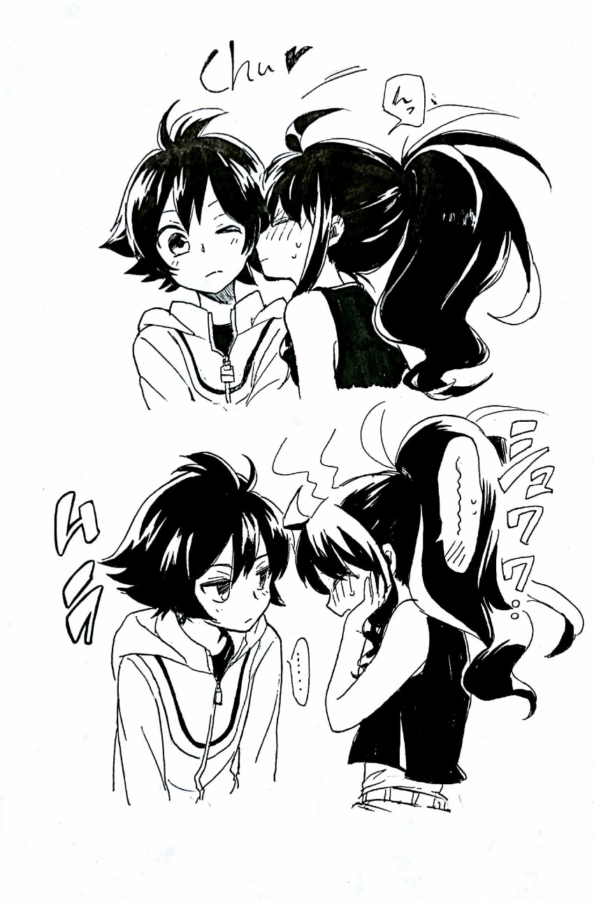 1boy, 1girl, absurdres, commentary_request, embarrassed, greyscale, hetero, high_ponytail