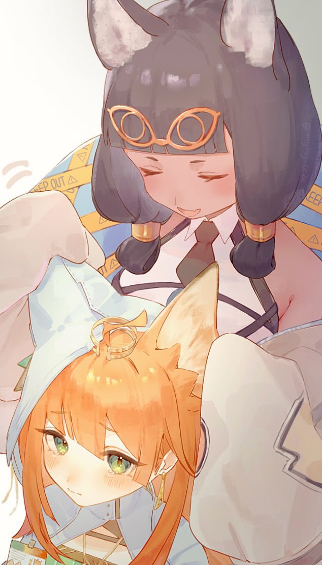 2girls, ahoge, animal_ears, arknights, black_hair, black_necktie, blush, cat_ears