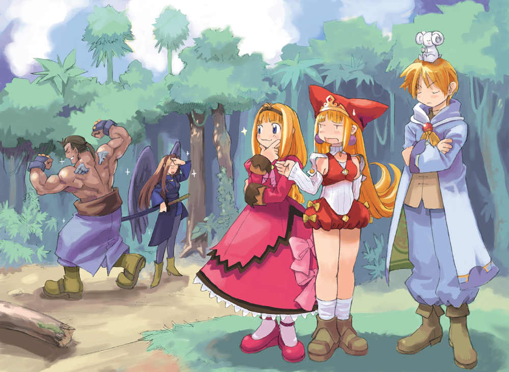 bows, brown_hair, cello_(marl_kingdom), character_request, crea_rosenqueen, crossed_arms, crowdia, curly_hair, dress, everyone, fonfon_(marl_kingdom), gloves, jewelry, kururu, kururu_(marl_kingdom), legs, long_hair, marl_kingdom, nippon_ichi, nomura_ryouji, official_art, pantyhose, ponytail, purple_eyes, smile, sparkle, sweatdrop, sword, tattoo, thick_thighs, thighs, violet_eyes, weapon, wings