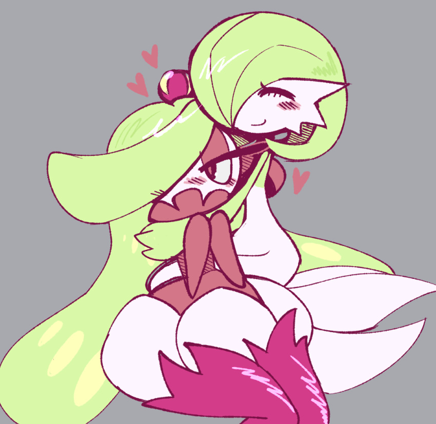 bob_cut, closed_eyes, colored_skin, gardevoir, green_hair, green_skin, grey_background, hair_over_one_eye, heart, hug, multicolored_skin, pokemon, pokemon_(creature), simple_background, smile, tsareena, two-tone_skin, viscuvania, white_skin