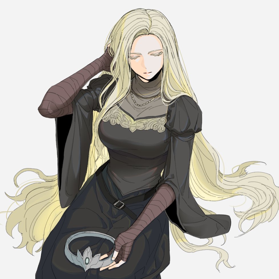 1girl, bandaged_arm, bandages, belt, belt_buckle, black_belt, black_dress, blonde_hair