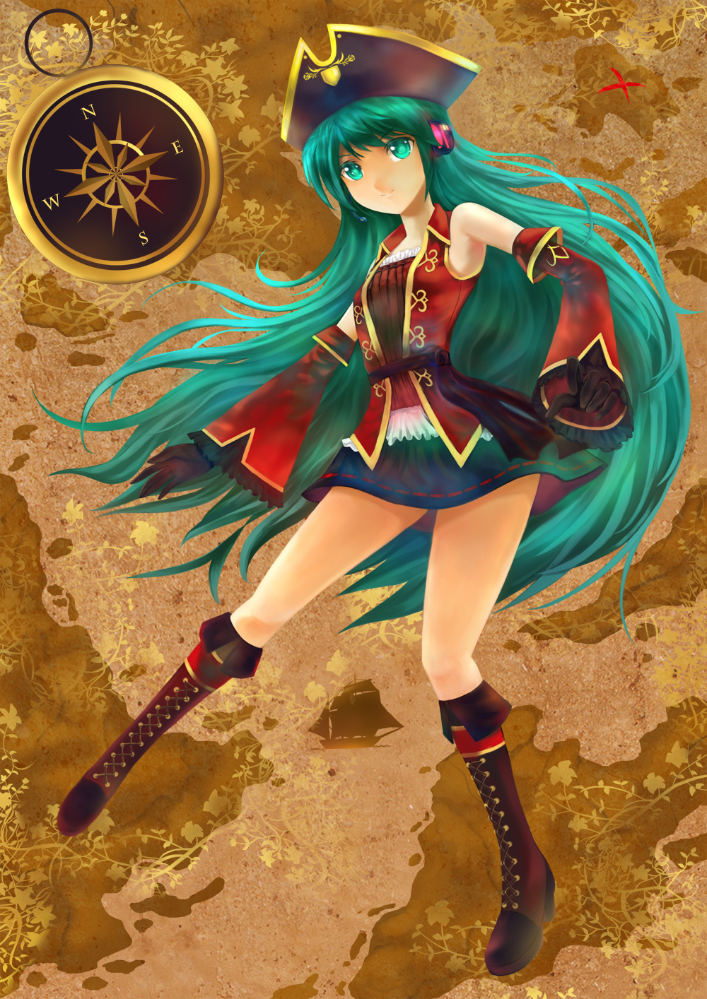 1girl, aqua_eyes, aqua_hair, boots, compass, detached_sleeves, fatherland2009, gloves