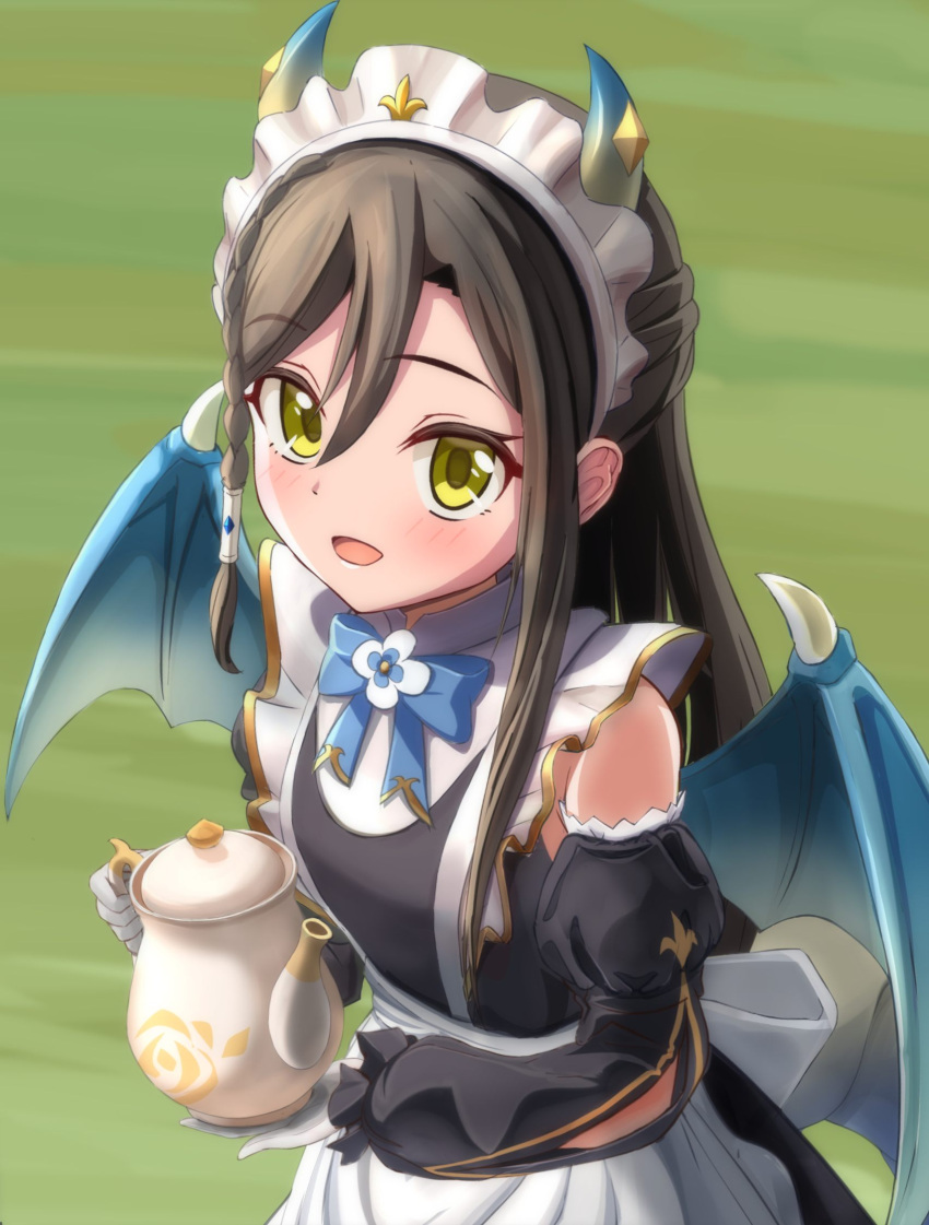 1girl, apron, asymmetrical_sidelocks, black_dress, black_sleeves, blue_bow, blue_bowtie, blue_horns