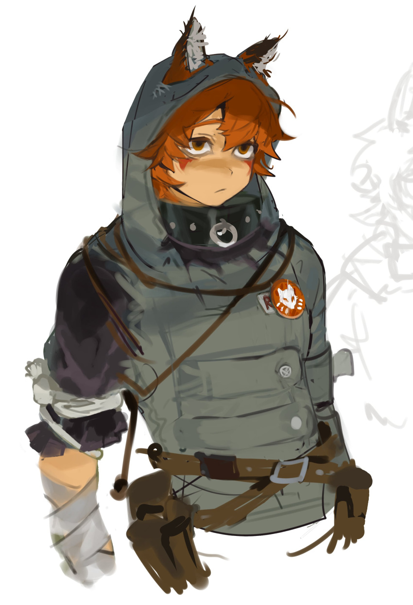 1boy, absurdres, animal_ears, badge, bandaged_arm, bandages, belt, boyfriend_to_death, brown_belt, button_badge, closed_mouth, collar, cropped_torso, fox_boy, fox_ears, grey_jacket, highres, hood, hood_up, jacket, male_focus, mangopp, orange_eyes, ren_hana_(boyfriend_to_death), short_hair, solo, white_background