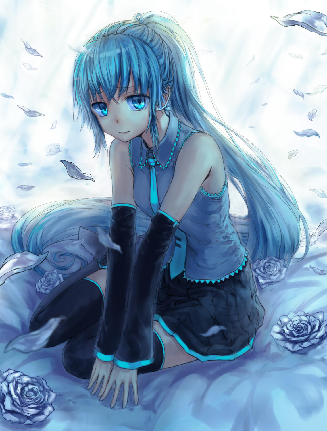 aqua_eyes, aqua_hair, chourui_keiko, detached_sleeves, flower, hatsune_miku, highres, long_hair