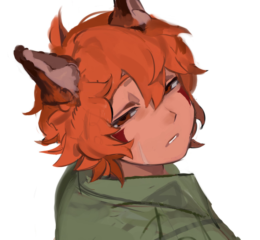 1boy, animal_ears, boyfriend_to_death, brown_eyes, collared_shirt, facial_mark, fox_boy, fox_ears